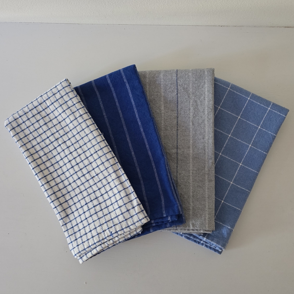 Palm + Perkins Blue Striped Plaid Kitchen Towel Set – 4 Handwoven Towels